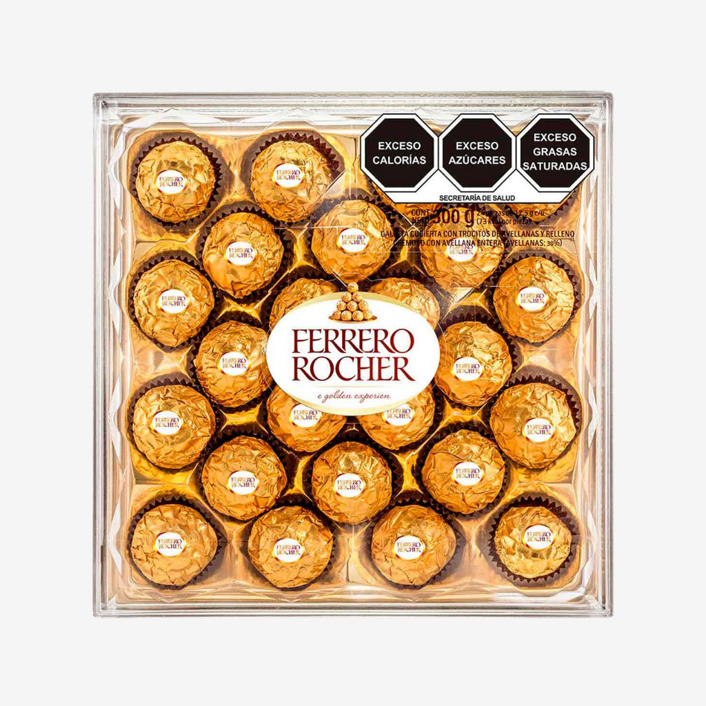 Chocolates Ferrero galleta cubierta con trocitos de avellanas y relleno cremoso 24 pzas de 12.5 g c/u
