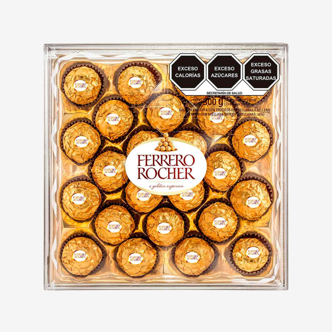 Chocolates Ferrero galleta cubierta con trocitos de avellanas y relleno cremoso 24 pzas de 12.5 g c/u