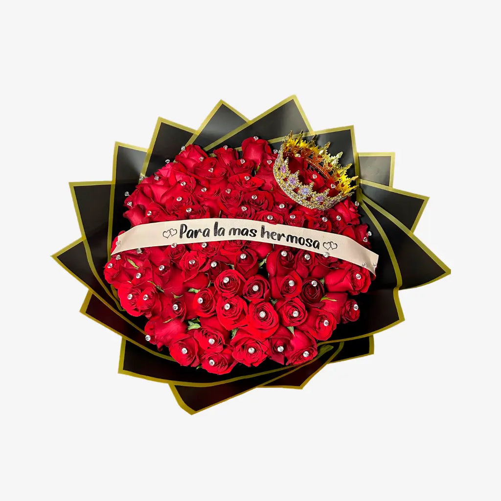 Bouquet of 80 Roses with Crown, Ribbon and Stones