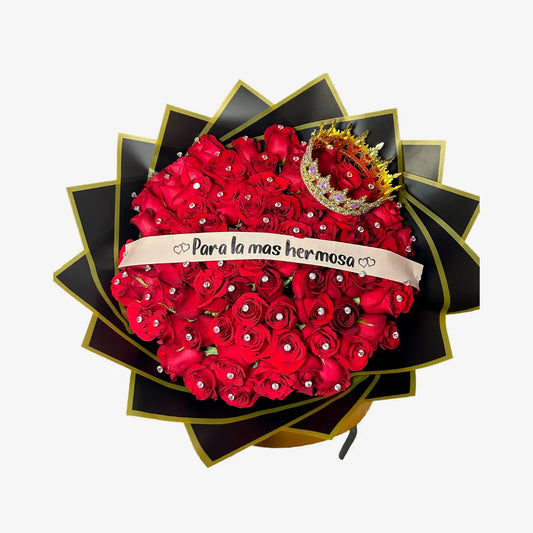 Ramo de 80 Rosas con Corona, Listón y Piedras