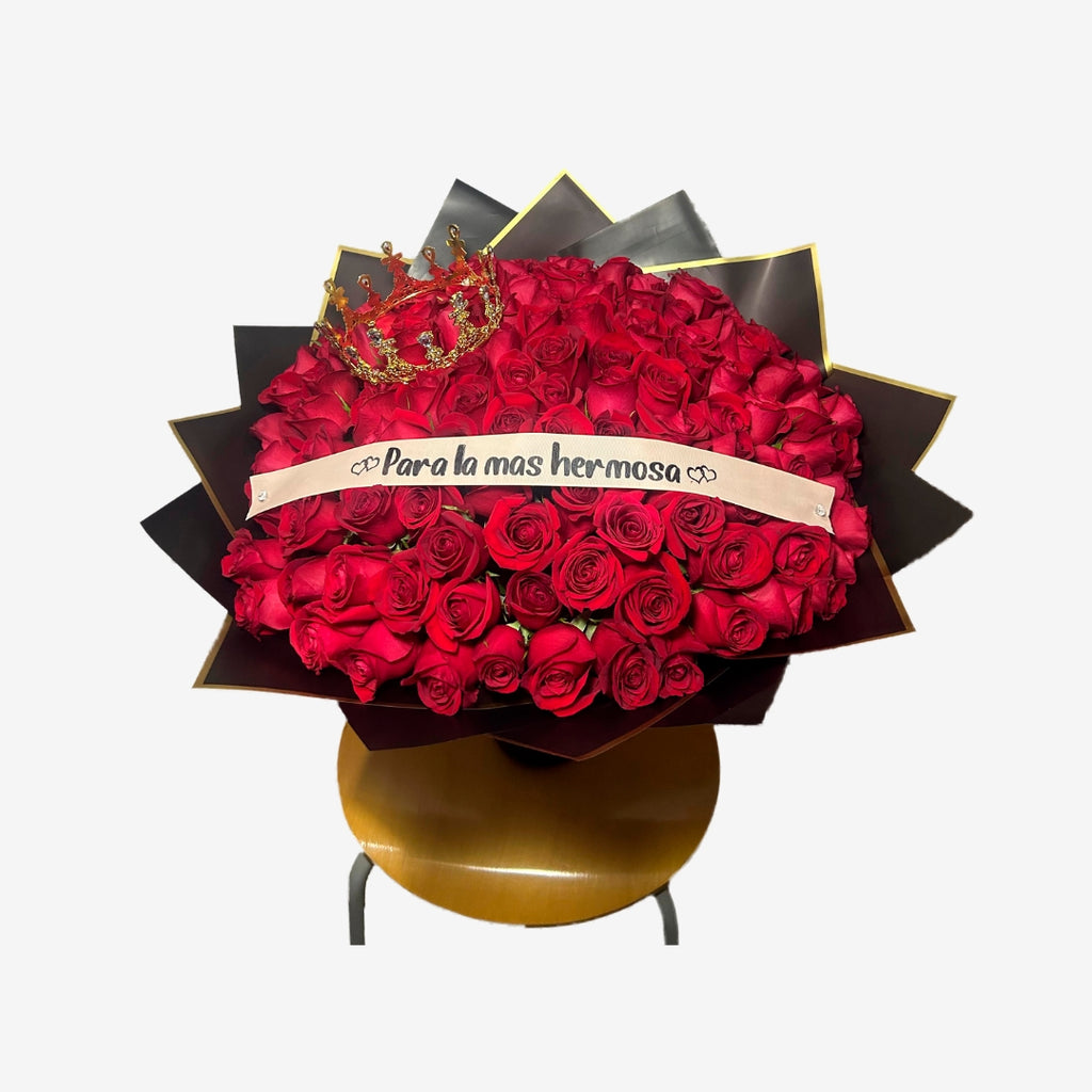 Bouquet of 100 Roses with Wreath and Ribbon