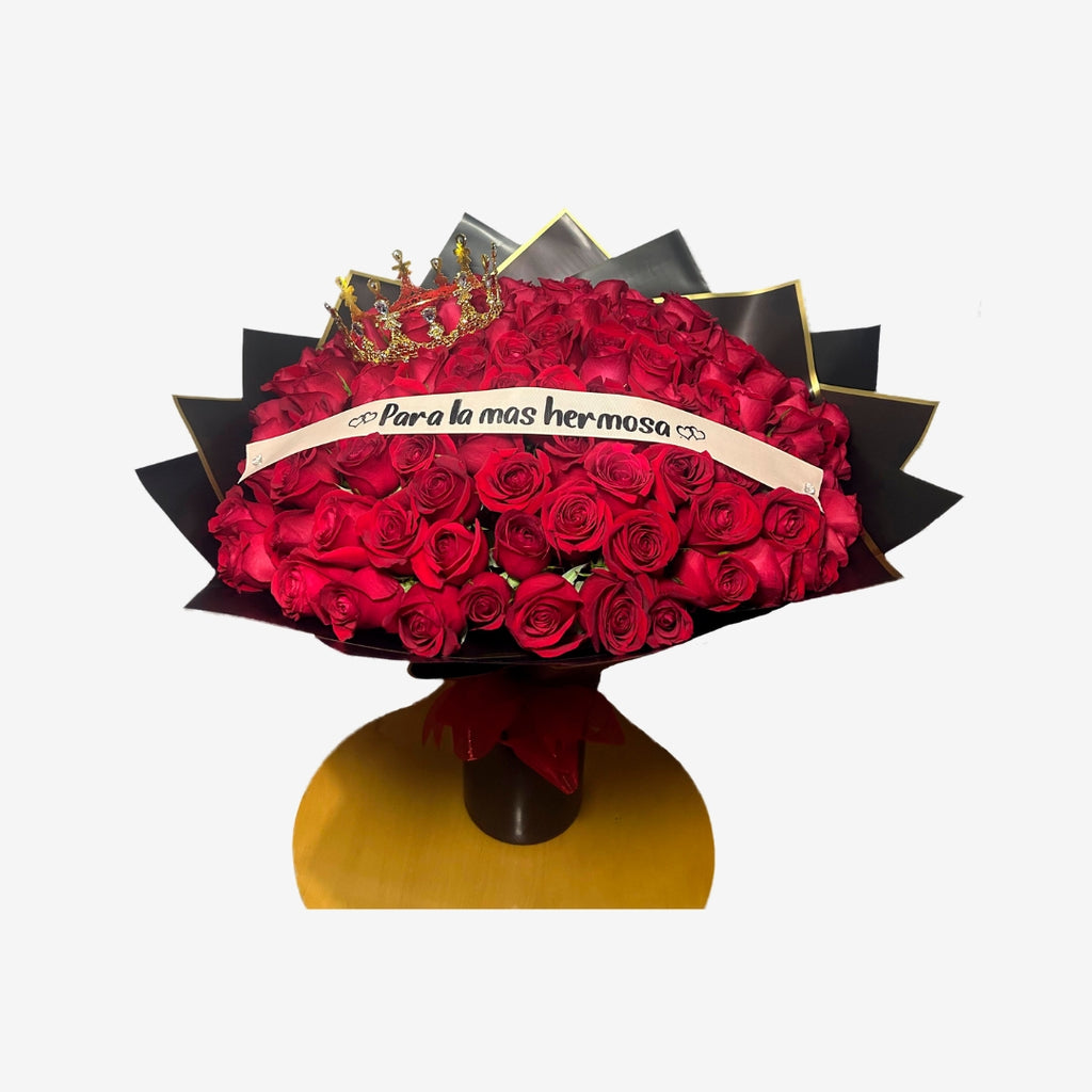 Bouquet of 100 Roses with Wreath and Ribbon