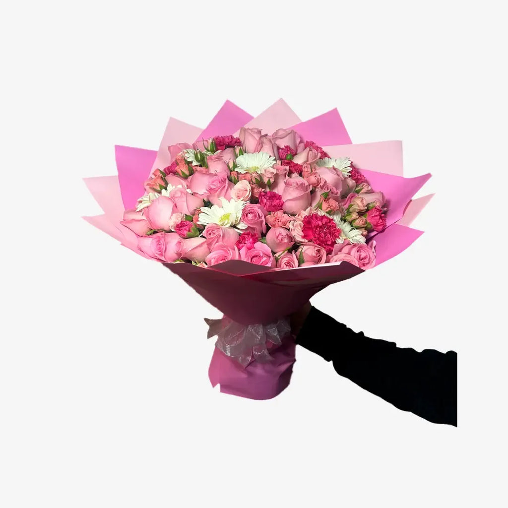 Ramo de 50 Rosas Rosas con Gerberas, Claveles y Mini Rose