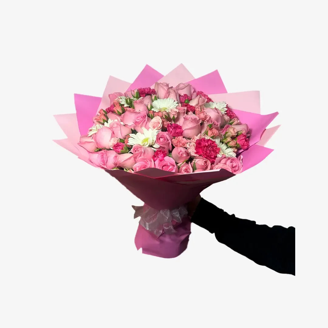 Ramo de 50 Rosas Rosas con Gerberas, Claveles y Mini Rose
