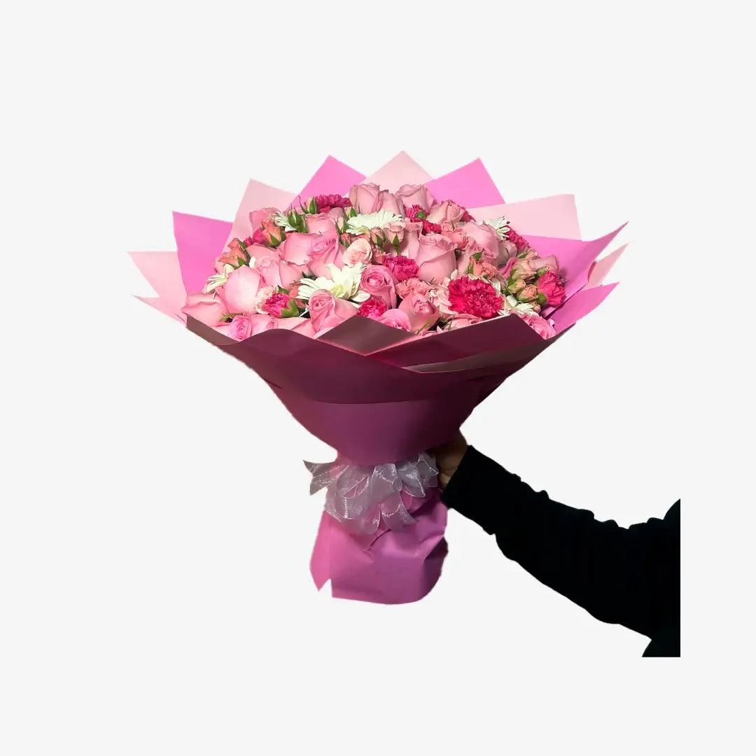Ramo de 50 Rosas Rosas con Gerberas, Claveles y Mini Rose