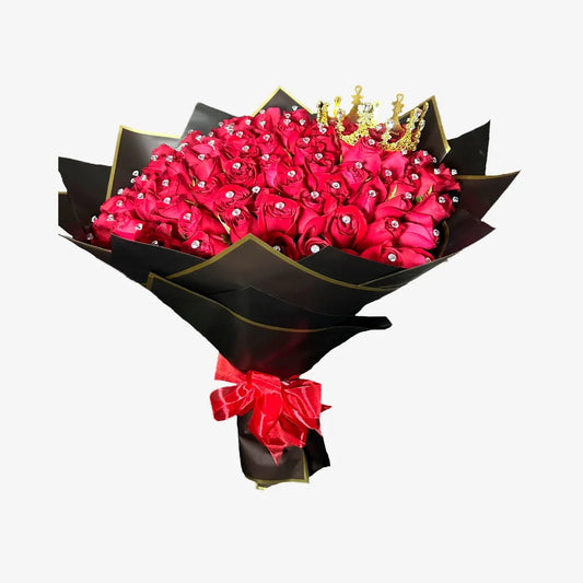 Bouquet de 100 Rosas, Corona y Piedras