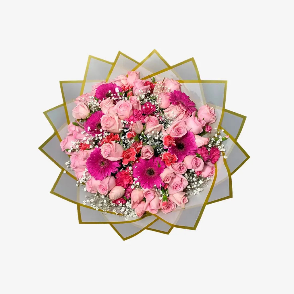 Ramo de 50 Rosas Rosas con Gerberas, Clavel y Baby Breath