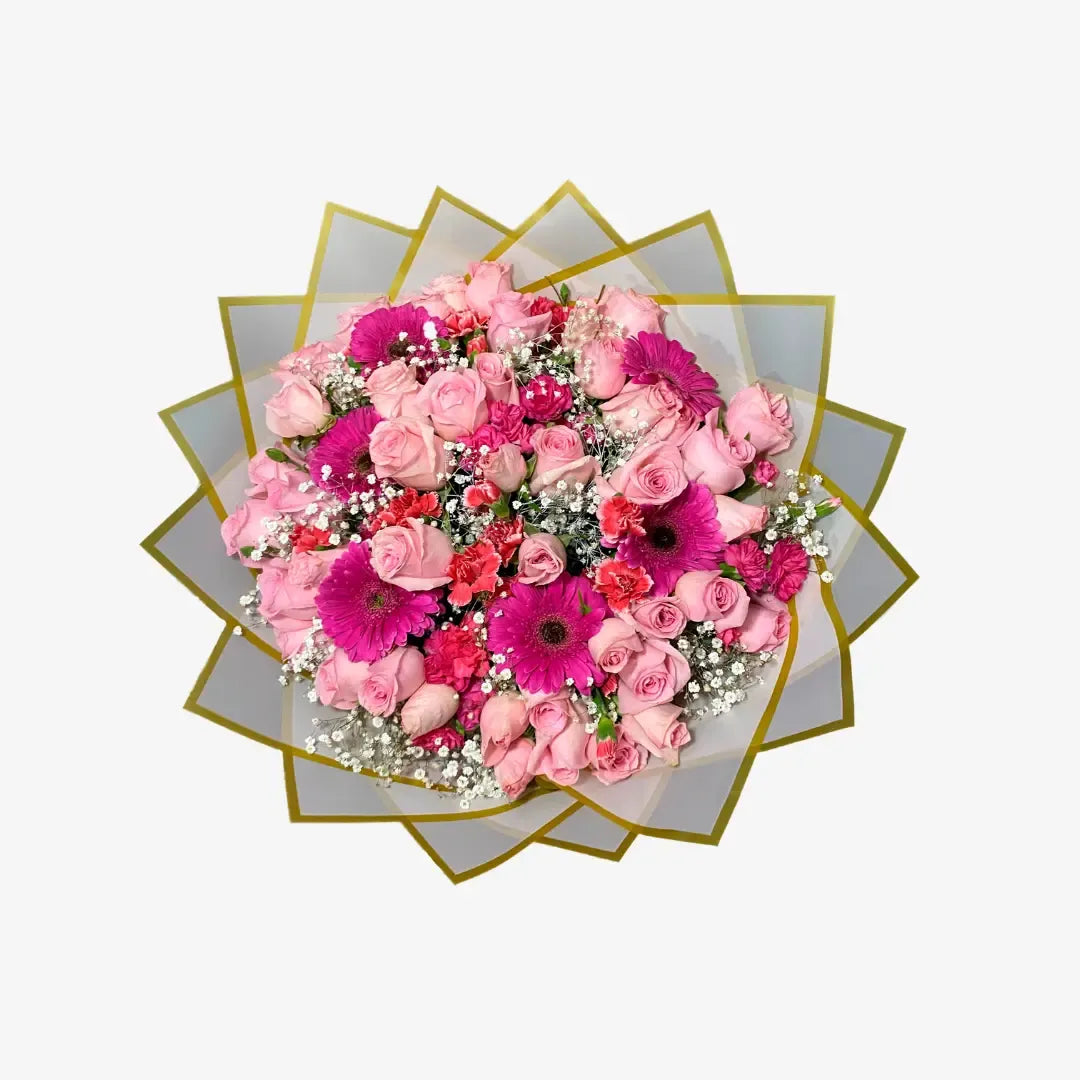 Ramo de 50 Rosas Rosas con Gerberas, Clavel y Baby Breath