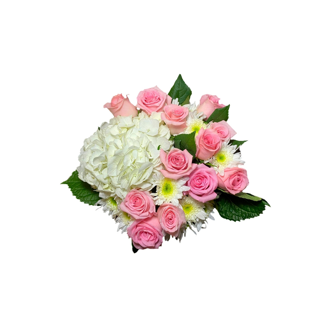 Arreglo de 12 Rosas con Hortensia y Margaritas en Florero