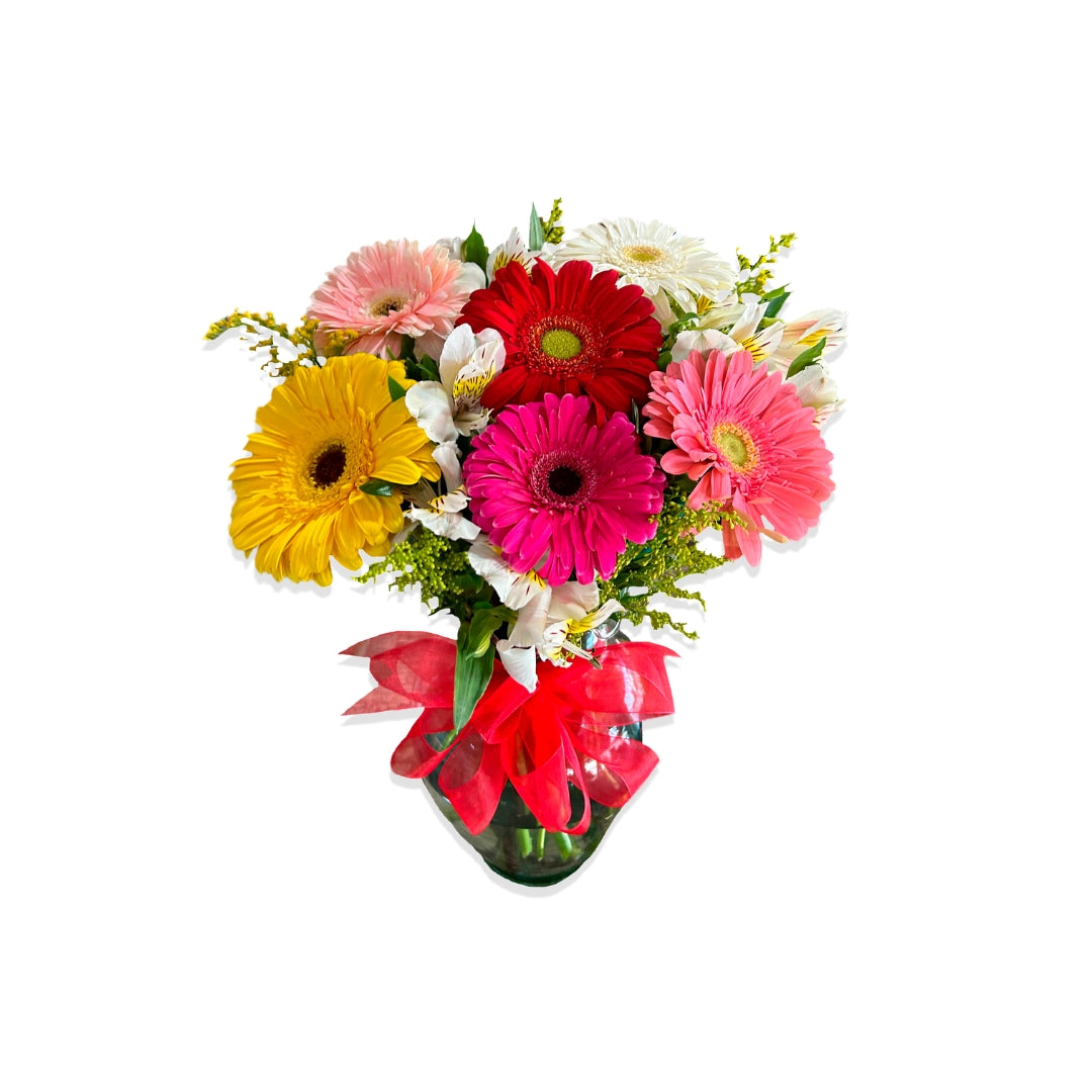 Arreglo de 6 Gerberas con Follaje en Florero