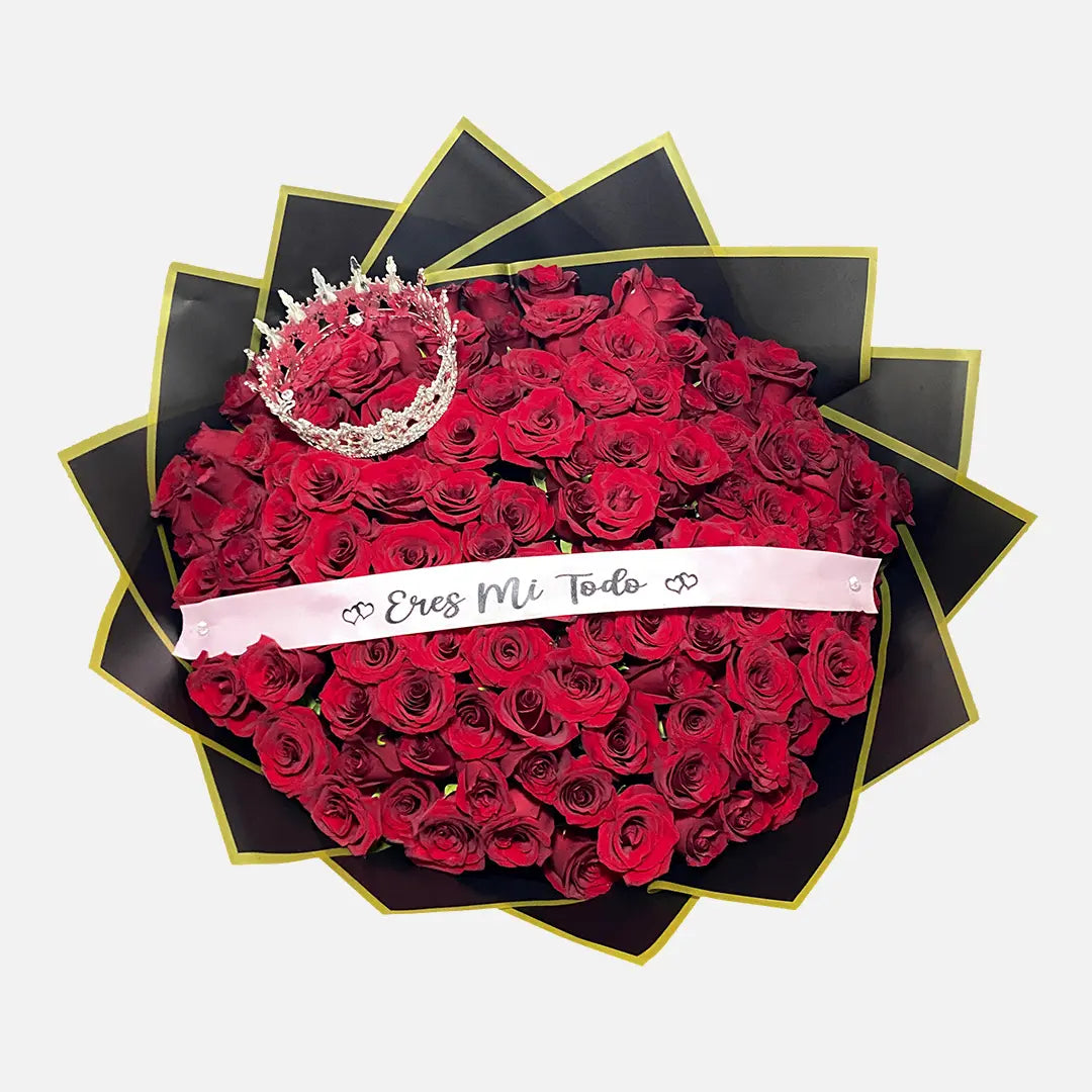 Ramo de 100 Rosas con Corona y Listón con Frase