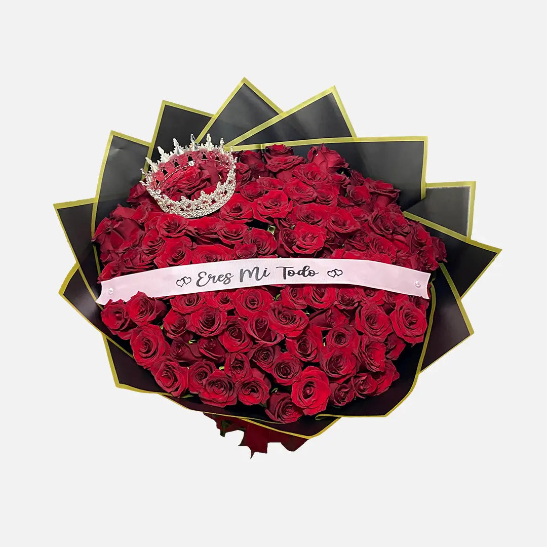 Ramo de 100 Rosas con Corona y Listón con Frase