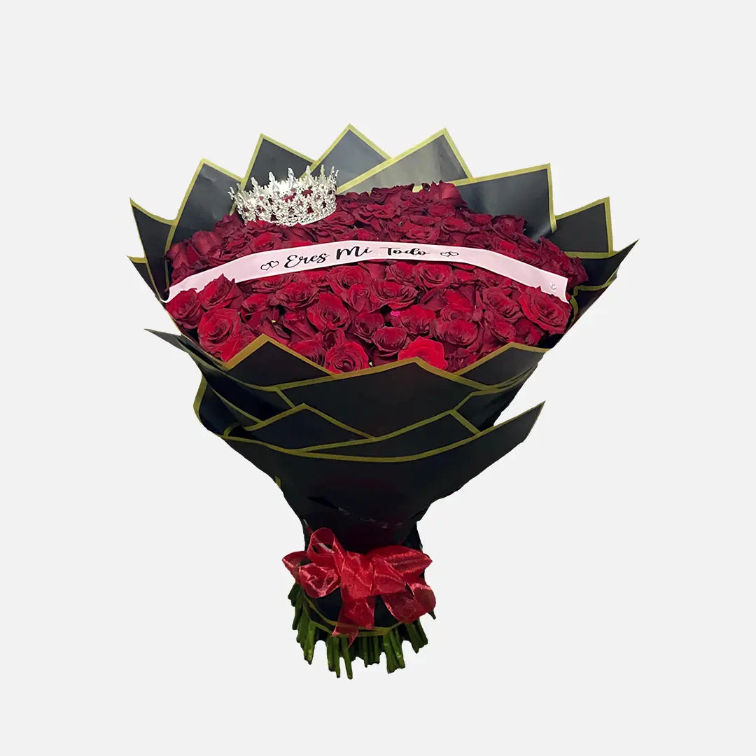 Ramo de 100 Rosas con Corona y Listón con Frase