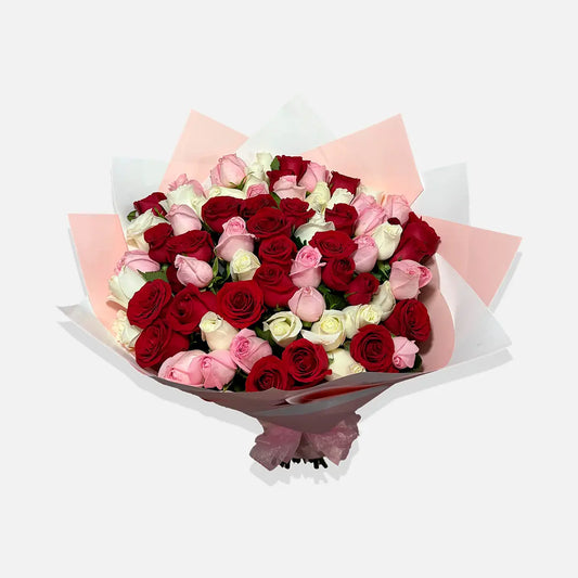 Ramo de 50 Rosas Mixtas – Rojo, Rosa y Blanco